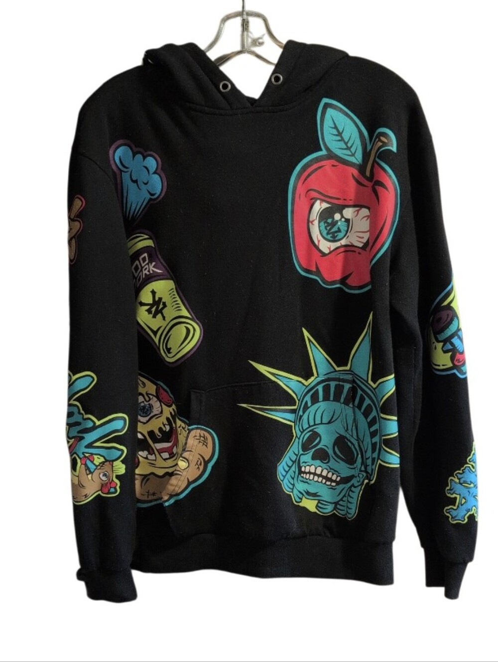 Zoo York Neon Graphic Hoodie Black Skull NYC Streetwear Pullover Small